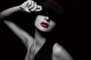 Obraz Passionate Woman - Hat and Red Lips b&w