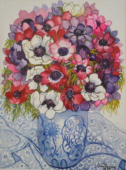Stampa su tela Anemones in a Blue and White Pot, with Blue and White Textile, 2000,