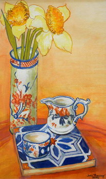 Stampa su tela Chinese Vase with Daffodils, Pot and Jug,2014