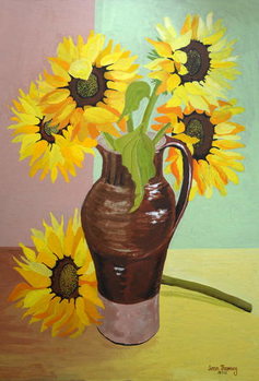 Stampa su tela Five Sunflowers in a Tall Brown Jug,2007