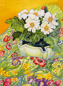 Stampa su tela Pale Primrose in a Pot with Spring-flowered Textile,2000