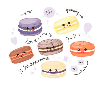 Tablou pe pânză Kawaii macaron. Hand drawn cute French