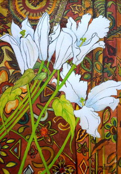 Tablou pe pânză Lilies against a Patterned Fabric,