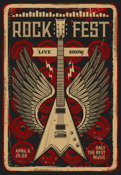 Tableau sur toile Rock guitar retro poster, music festival concert