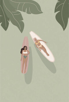 Tableau sur toile Surfer girls above on the surfboards,