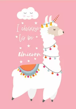 Poster Cute Llama Alpaca with unicorn horn,