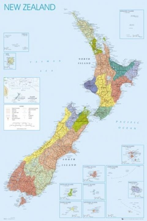 Póster Mapa político de Nueva Zelanda