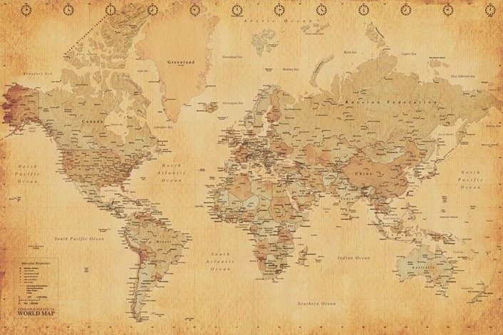 Plakát, Obraz - Mapa světa - starý styl, 91.5x61 cm