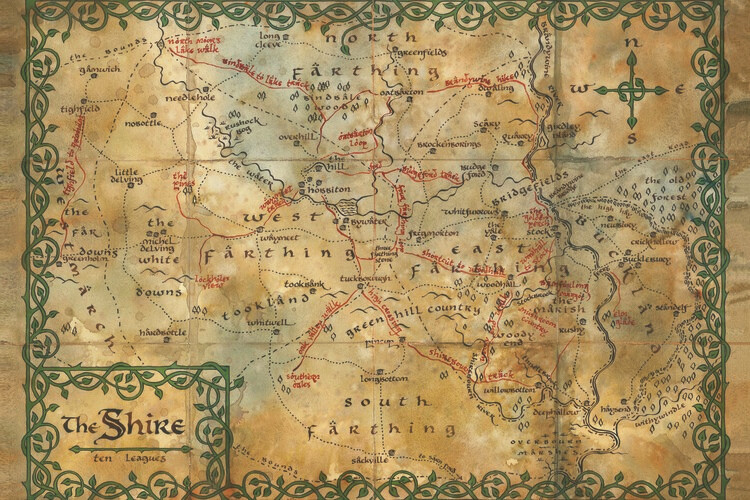Umělecký tisk Hobbit - The Shire map, 40x26.7 cm