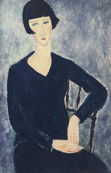 Obrazová reprodukce Young woman with a fringe or young seated woman in blue dress, Modigliani, Amedeo, 26.7 × 40 cm