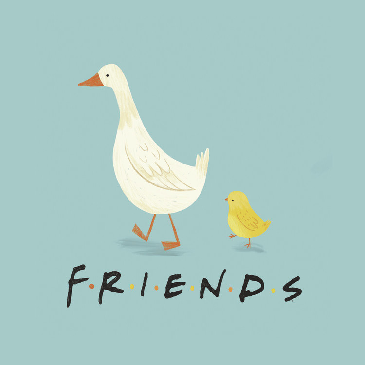 Umělecký tisk Friends - Chick and duck, 40x40 cm