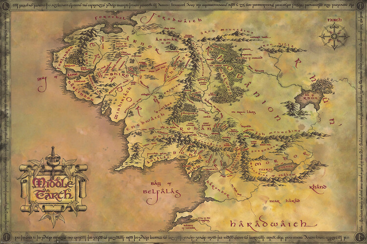 Plakát, Obraz - Pán Prstenů - Mapa Středozemě, (91.5 x 61 cm)
