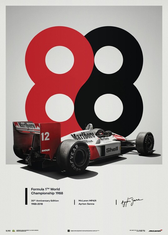 Levně Umělecký tisk McLaren MP4/4 - Ayrton Senna - 1988 - San Marino GP - 1988, Automobilist, 50 × 70 cm