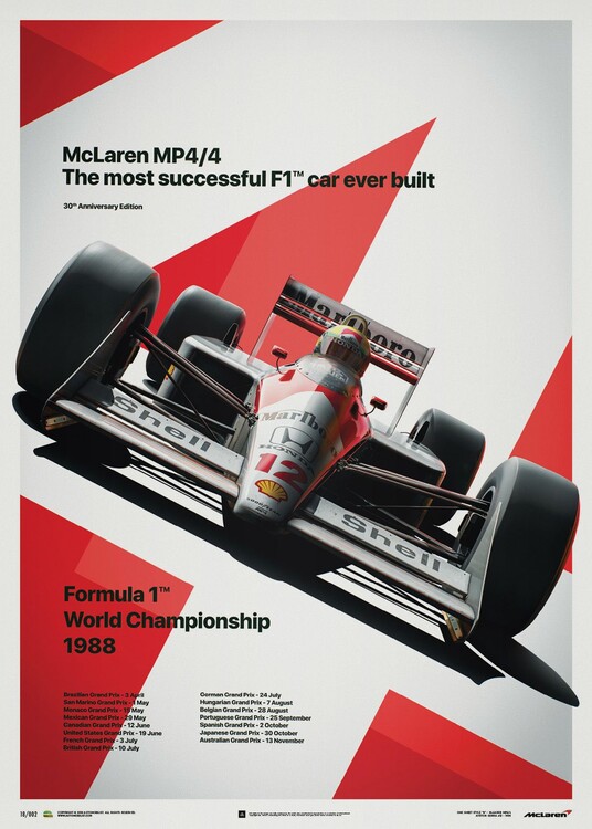 Umělecký tisk McLaren MP4/4 - Ayrton Senna - MP4/4 - San Marino GP - 1988, 50 × 70 cm