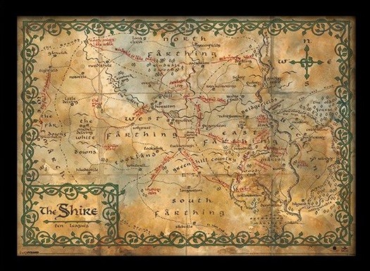 Zarámovaný plagát Hobbit - mapa Kraje