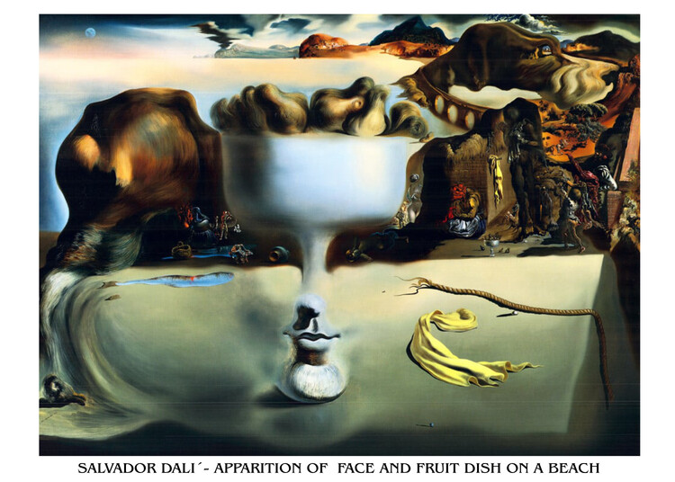 Umělecký tisk Zjevení tváře a ovocné mísy na pláži, 1938, Salvador Dalí, (80 x 60 cm)
