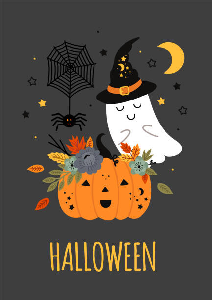 Levně Plakát, Obraz - cute halloween poster with pumpkin, ghost and spider, nataka, 30 × 40 cm