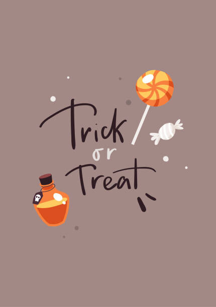 Plakát, Obraz - Halloween card with lettering Trick or Treat. Candies and bottle with poison., Анастасия Фризен, 26.7 × 40 cm