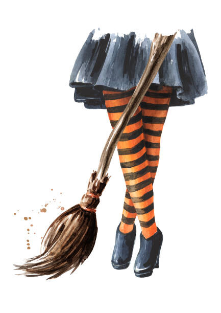 Plakát, Obraz - Halloween witch. Legs in striped stockings and Broom. Hand drawn watercolor illustration, isolated on white background, Daria Ustiugov