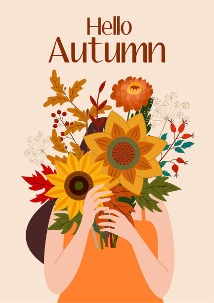 Levně Plakát, Obraz - Autumn illustration with a cute girl and a bouquet of flowers. Vector flat design for card, poster, banner. Beautiful template., Taisi