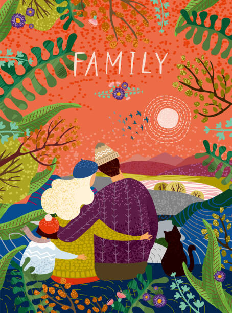 Plakát, Obraz - happy family, vector cute illustration of a loving family in nature outdoors, enjoying the sunset surrounded by flowers and plants; mo