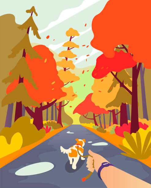 Levně Plakát, Obraz - Simple cartoon people at autumn park. Walk the dog. Fall season and people leisure, outdoor theme. Walking with dog.Autumn landscape m
