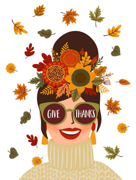 Levně Plakát, Obraz - Happy Thanksgiving isolated illustration. Cute lady in wreath and glasses. Vector design for card, poster, flyer, web and other, Nadez