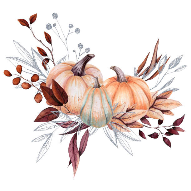 Ilustrace Watercolor Bouquet with Pumpkins and Silver Leaves, Nebula Cordata, 40 × 40 cm