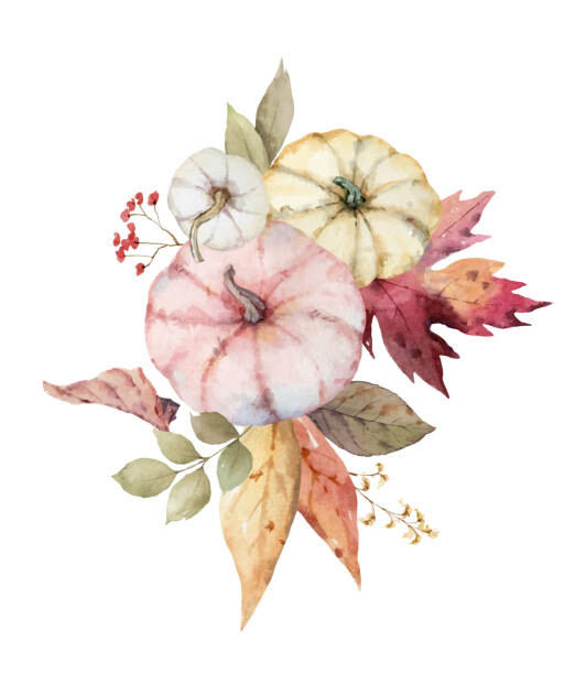 Levně Plakát, Obraz - A watercolor vector bouquet for Thanksgiving, a greeting arrangement with colorful pumpkins, autumn branches and leaves isolated on wh