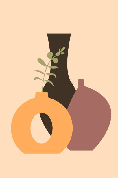 Ilustrace Plant, bottle, vase pattern background. Mid Century Simple Boho Elements., Oksana Nazarova, 26.7 × 40 cm