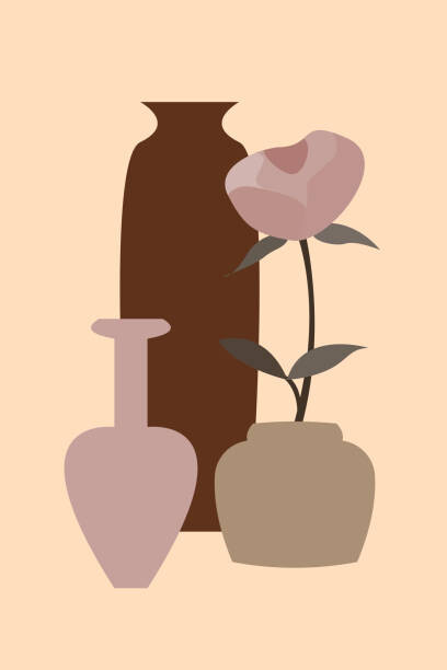 Ilustrace Plant, bottle, vase pattern background. Mid Century Simple Boho Elements., Oksana Nazarova, 26.7 × 40 cm