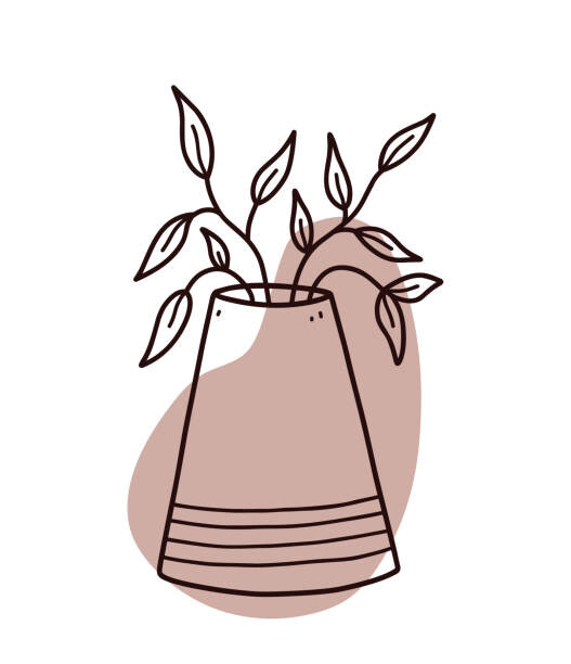 Ilustrace Abstract floral doodle with color organic shape. Minimalist vase with branches isolated on white background. Vector hand-drawn illustration.