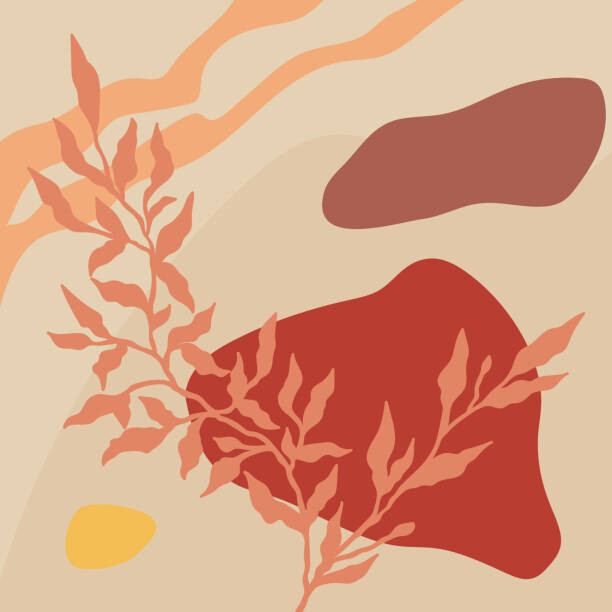 Plakát, Obraz - Abstract botanical background with shapes and lines in orange, red and beige colors. Concept vector art, Mariia Petrova, 40 × 40 cm