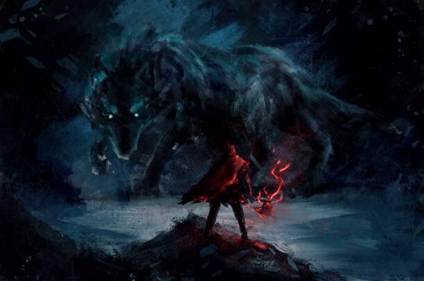 Levně Plakát, Obraz - warrior standing confront fenrir giant wolf, Wachirawit Thongrong, 40 × 26.7 cm
