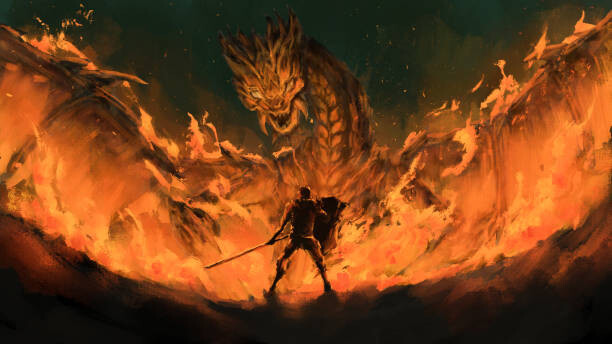 Levně Plakát, Obraz - warrior standing confront dragon in the, Wachirawit Thongrong, 40 × 22.2 cm