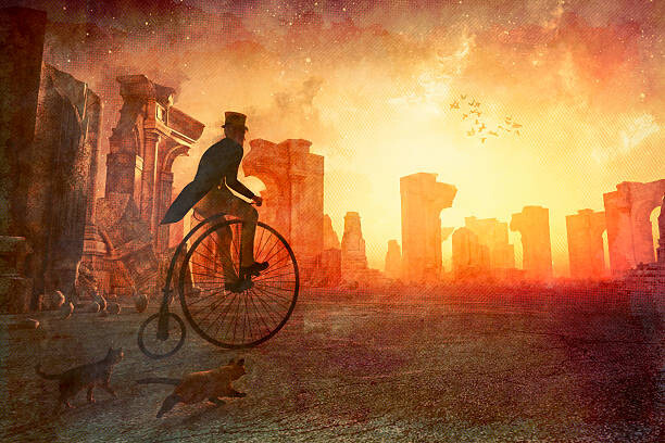 Levně Plakát, Obraz - Man with retro bicycle riding past ancient ruins, gremlin, 40 × 26.7 cm