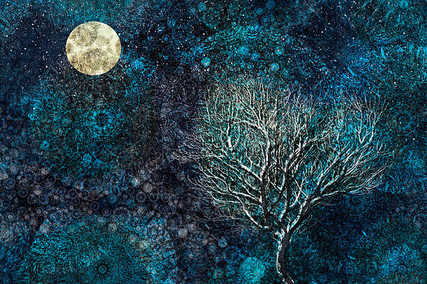 Ilustrace Moonlit winter tree against a starry sky, Andrew Bret Wallis, 40 × 26.7 cm