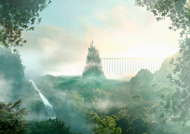 Ilustrace Distant castle near waterfall, Colin Anderson Productions pty ltd, 40 × 26.7 cm