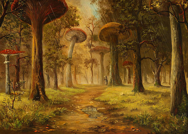 Levně Plakát, Obraz - Oil Painting of Mushroom Forest During Rain, Pobytov, 40 × 30 cm