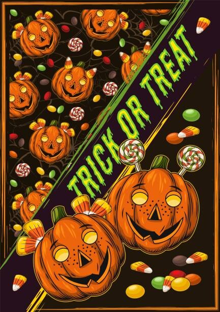 Ilustrace Halloween poster with pumpkin kids, sweets, text, Olga Arsentyeva, 30 × 40 cm
