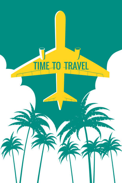 Ilustrace Plane in the sky, take-off, palms,, VectorUp, 26.7 × 40 cm