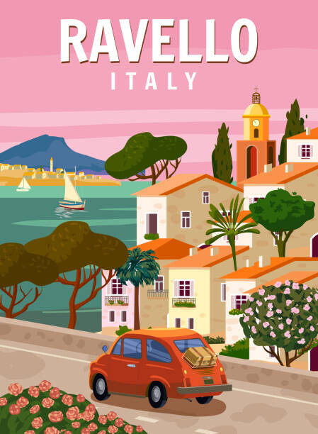 Ilustrace Retro Poster Italy, Ravello resort, Amalfi, VectorUp, 30 × 40 cm