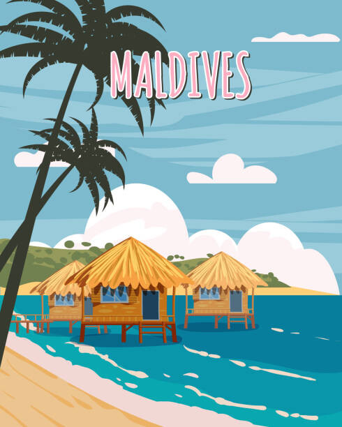 Ilustrace Maldives tropical resort poster vintage. Beach, VectorUp, 30 × 40 cm