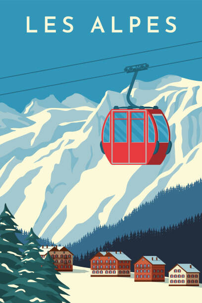 Ilustrace Ski resort with red gondola lift,, Rinat Khairitdinov, 26.7 × 40 cm