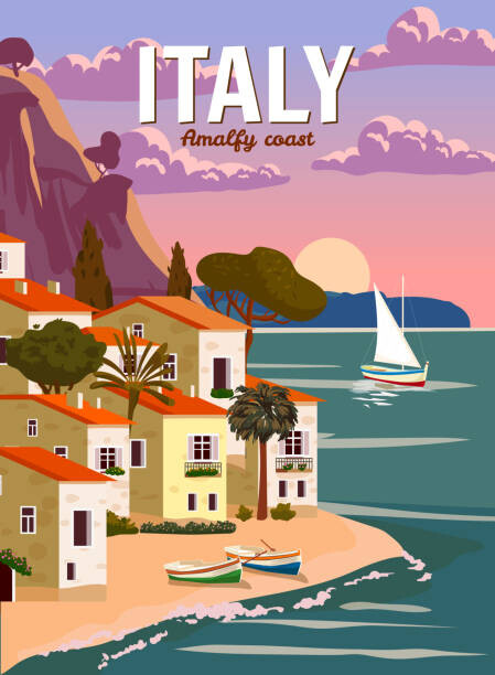 Ilustrace Retro Poster Italy, mediterranean romantic landscape,, VectorUp, 30 × 40 cm