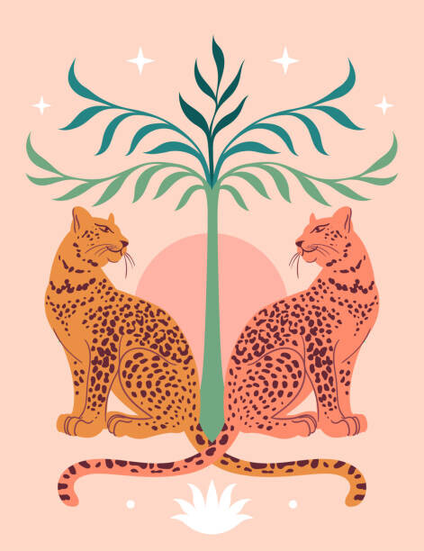 Levně Plakát, Obraz - Cute Leopards, Sun, palm tree. Modern, Lera Danilova, 30 × 40 cm