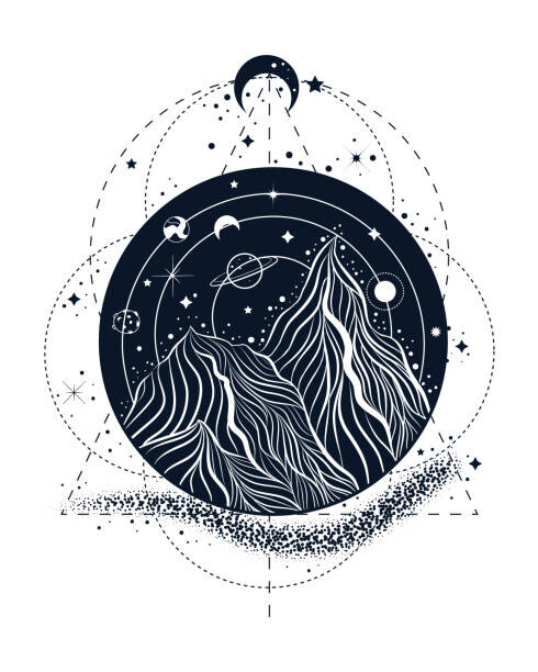 Ilustrace Boho tattoo art style with mountains., Luccy_lapka, 30 × 40 cm