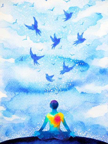 Levně Plakát, Obraz - meditation human, flying birds in blue, Benjavisa, 30 × 40 cm
