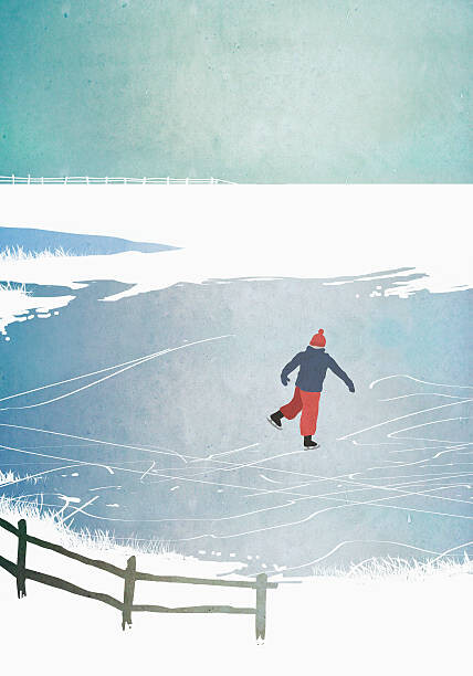 Levně Plakát, Obraz - Illustration of man ice skating on frozen lake, Malte Mueller, 26.7 × 40 cm
