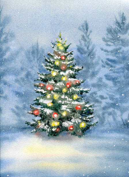 Ilustrace Christmas tree decorated with balls in, Evgeniya_Mokeeva, 30 × 40 cm